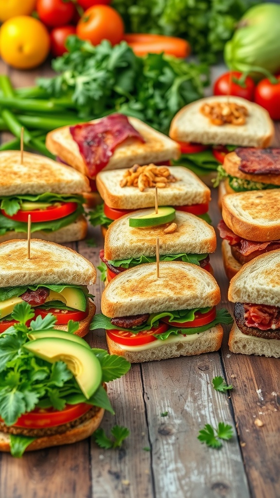 An array of colorful sandwiches on a wooden table with fresh ingredients.
